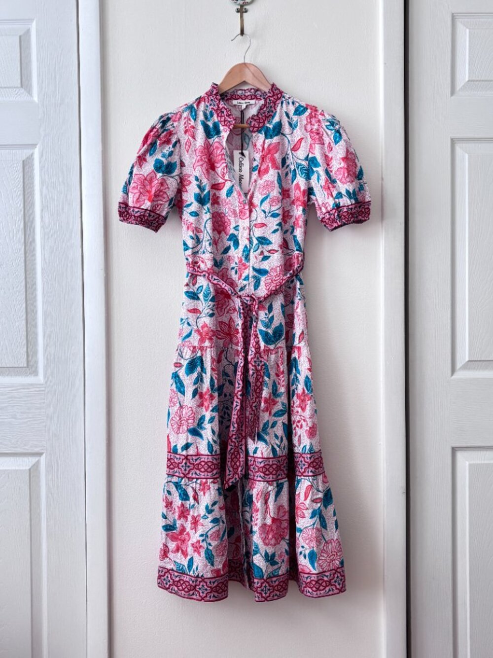 Celina Moon Pink Floral Belted Midi Dress Puff Sleeve Boho Resort Cottagecore - Picture 2 of 6